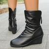 Women's Plus Size Retro Wedge Heel Fleece Lined Boots with Pointed Toe and Back Zipper - Autumn/Winter Style