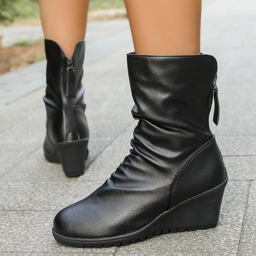 Women's Plus Size Retro Wedge Heel Fleece Lined Boots with Pointed Toe and Back Zipper - Autumn/Winter Style