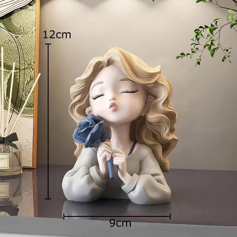 Wavy Blonde Hair Girl Figures Rose Flower Statue Desk Decoration Exquisite Character Resins Sculpture Room Aesthetics Decor