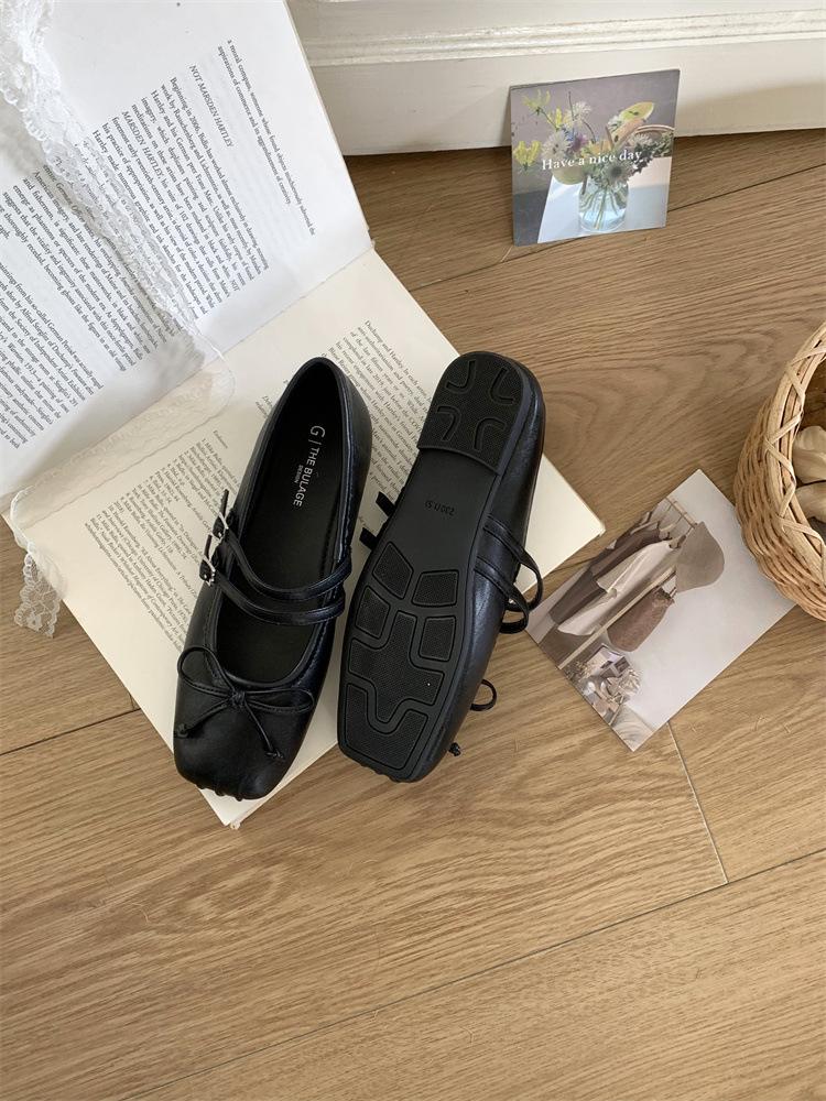 Flat-bottomed Bow Suede Single Shoes Women's 2025 New Ballet Shoes One-word Buckle with Pleated Square Head Mary Jane Shoes