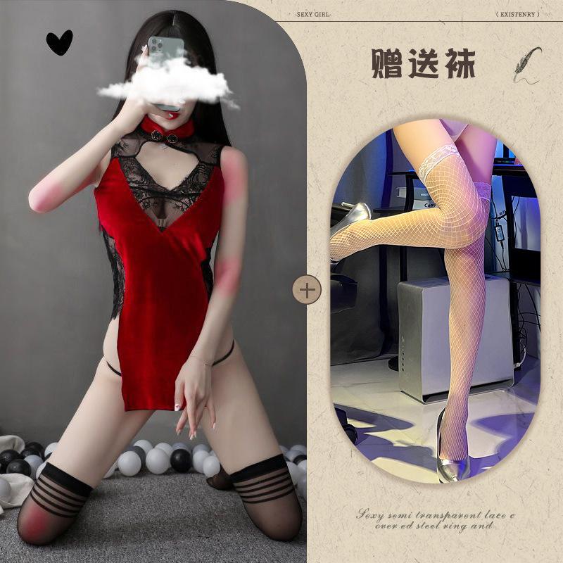 New sex underwear women's sexy Republic of China velvet perspective backless cheongsam seduction suit