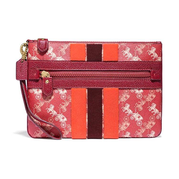 

Coach Wristlet 24 Classic Horse And Carriage Stripe Front Zipper Leather And Synthetic Leather Medium Clutch Women clutch Red 88477-B4PES Basic Set (Bag+Dust Bag)