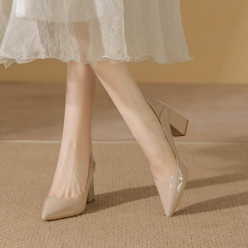 Nude High Heels Spring and Summer New Temperament Pointed Head Light Mouth Commuter Work Shoes Fashion Thick Heel Single Shoes Women