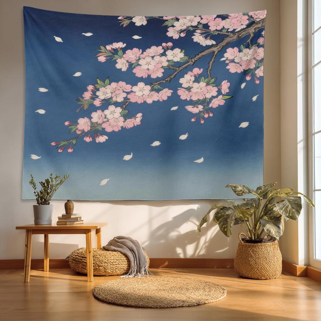 Retro Japanese Cherry Blossom Tapestry, Deep Indigo Flowers Wall Art Hanging Decoration Polyester Fiber White Ruffled Around For