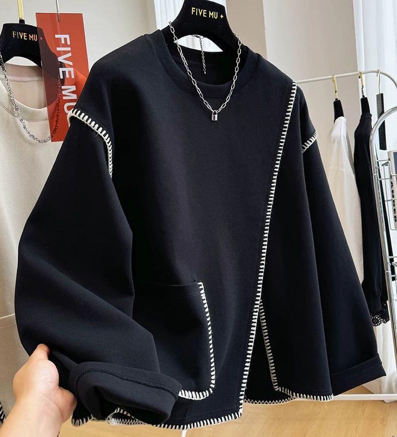 

Женский свитшот большого размера с круглым вырезом и длинными рукавами, осенний свободный повседневный худи, оверсайз топы, винтажный пуловер с асимметричным низом XXXXL чёрный