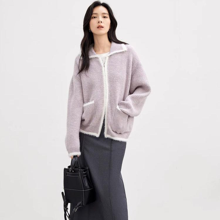 Turn Down Collar Contrast Sweater Jacket Pocket Knitted Zip-Up Cardigan