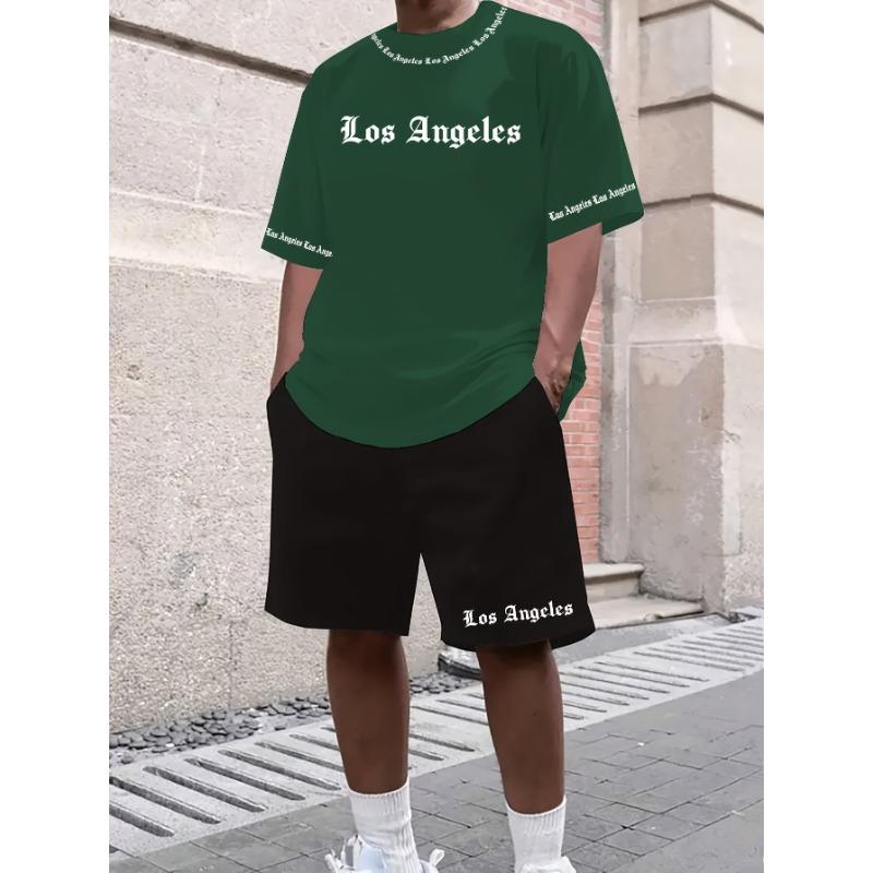 Los Angeles English Letter Pattern Men's Short Sleeved and Shorts Casual Sports Suit