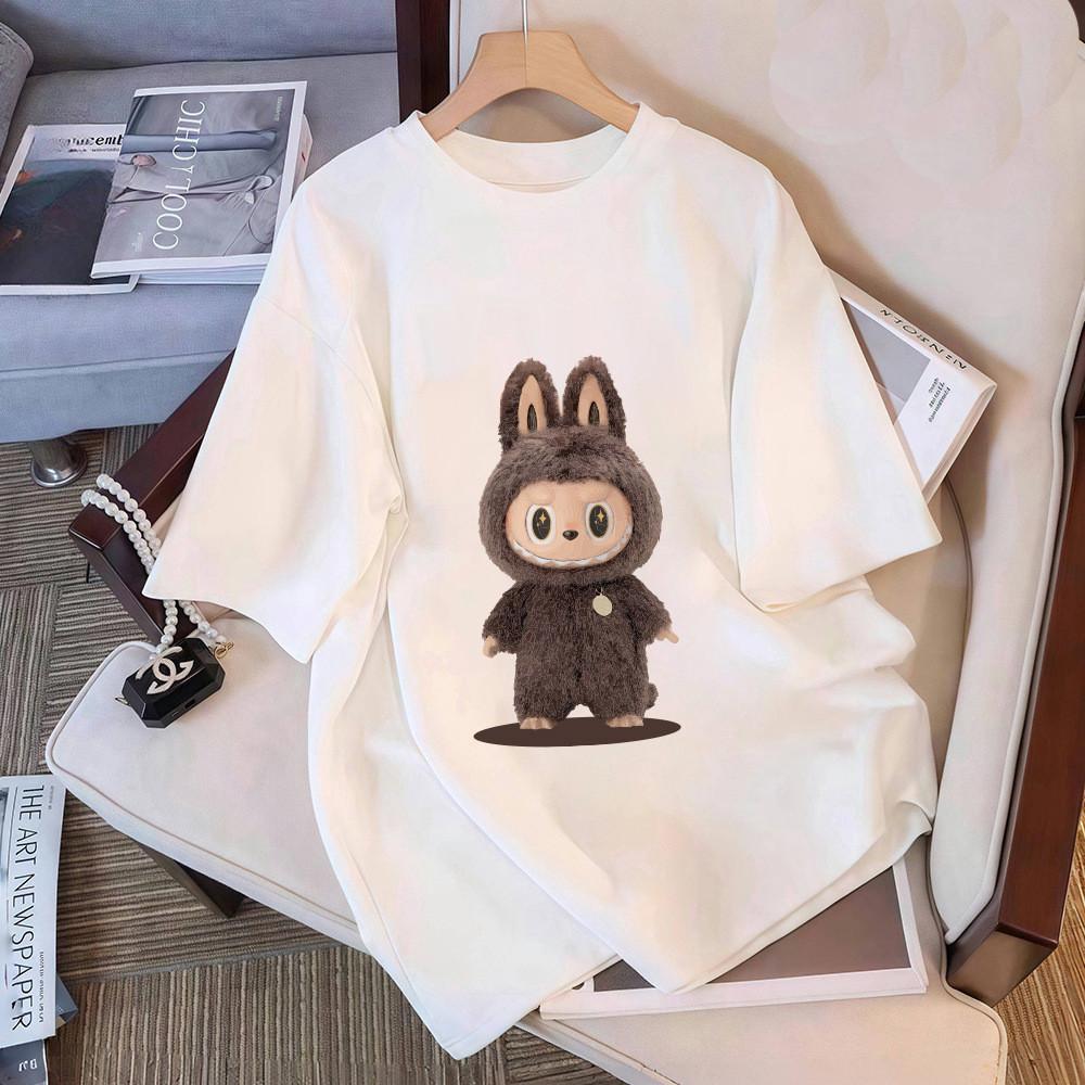 Labubu Genuine Cotton Short Sleeve T-Shirt For Everyday Korean Style Designed With Cartoon Pattern And Loose Shape