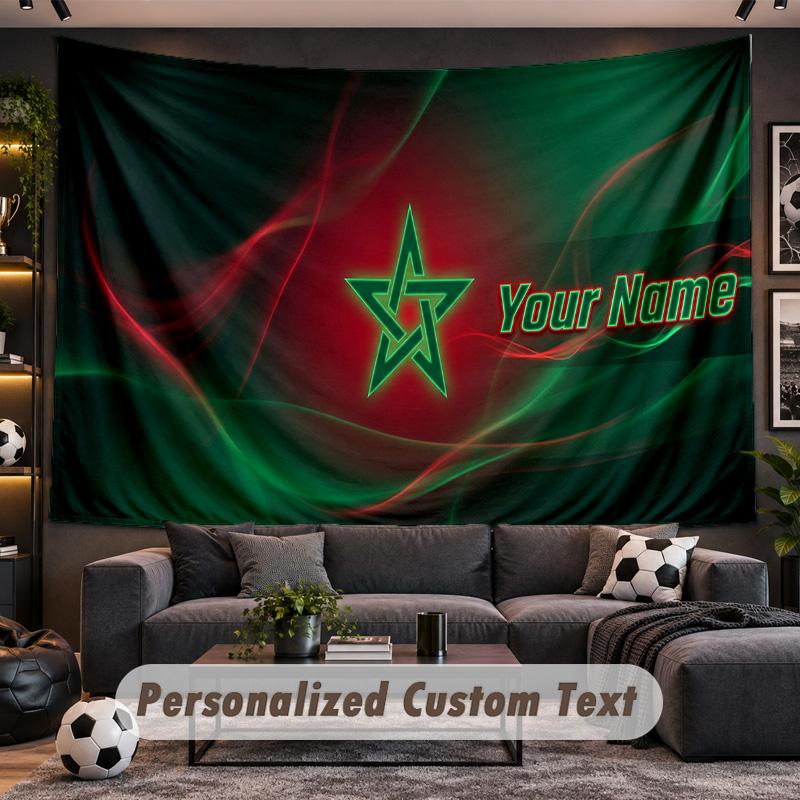 Morocco Football Personalized Tapestry Support Custom Name, Wall Art Home Decoration