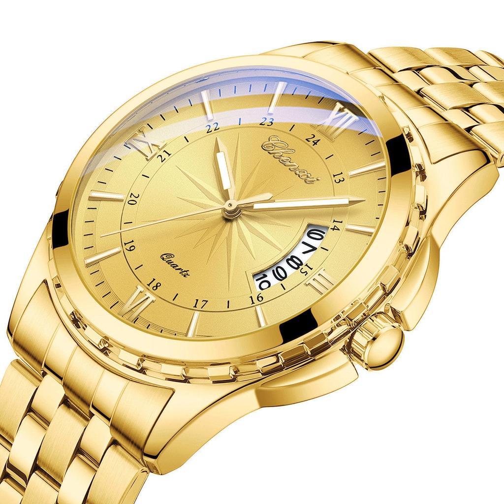 Watch Men Stainless Steel Calendar Gold 3ATM Water Resistant Luminous Analog Display Simple Fashion Quartz Watch Men Fashion Accessory - Birthday