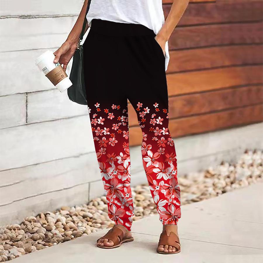 Women Flower Printing Pants Lace Up Elastic Waist Loose  Trousers Casual Long Pants Trousers with Pockets