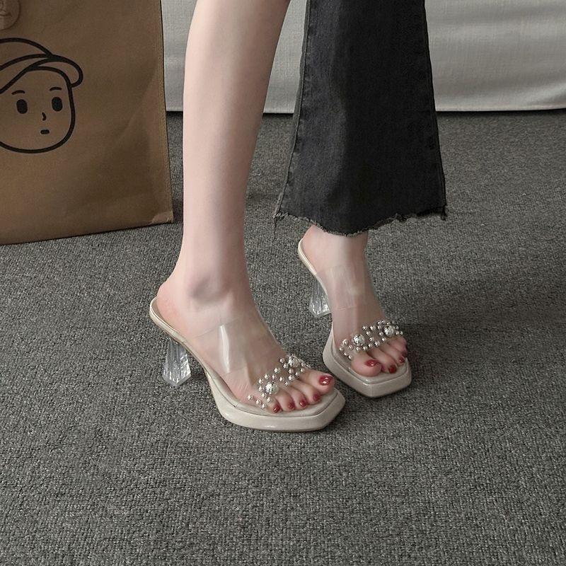 Temperament Socialite Rhinestone Transparent Word with Cool Slippers Women Wear Thick Heel Versatile High Heel Sandals In Summer