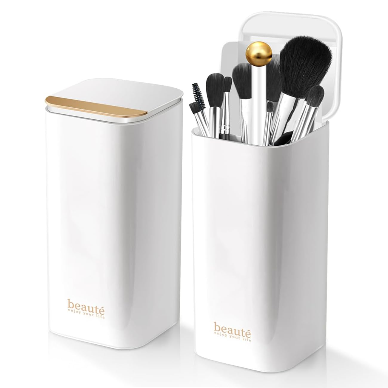 

AFMKTICA Upgraded Makeup Brush Holder Organizer with Automatic 4 Compartments for Dresser and Bathroom Cosmetic White Automatic Lifting Lid, Lifting, білий