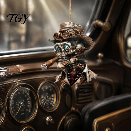 Festive Auto Interior Accessory Halloween Skull Car Hanging Ornament, 2D Flat Acrylic Rearview Skeleton Pendant Mirror Decor, Spooky