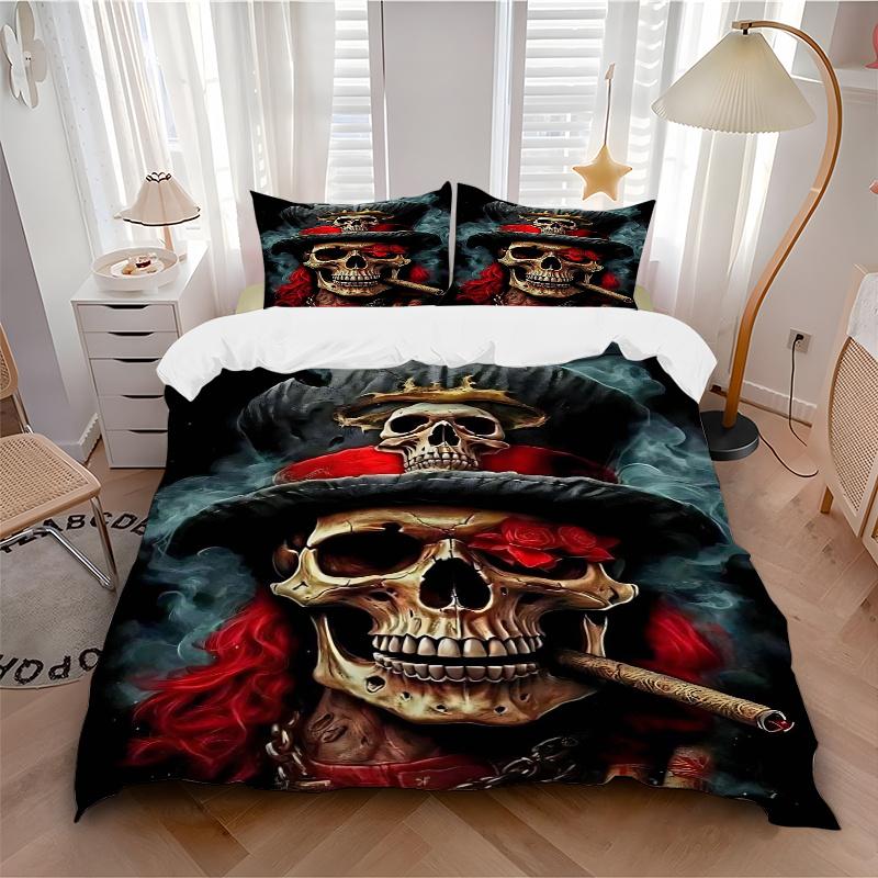 3pcs Skulls in Hats Quilt Cover Set - Soft and Cozy Bedroom, Guest Room and Dorm Decorative Bedding 3-Piece Set 1 Quilt Cover + 2 Pillow Shams.J0