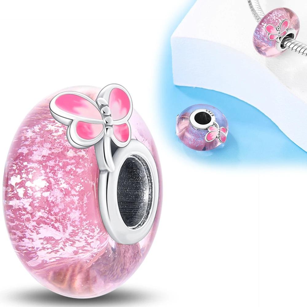 Original Rosa Glasperlen Blaue Romantische Perlen 925 Silber Charms für Frauen DIY Schmuckherstellung Armband Passend