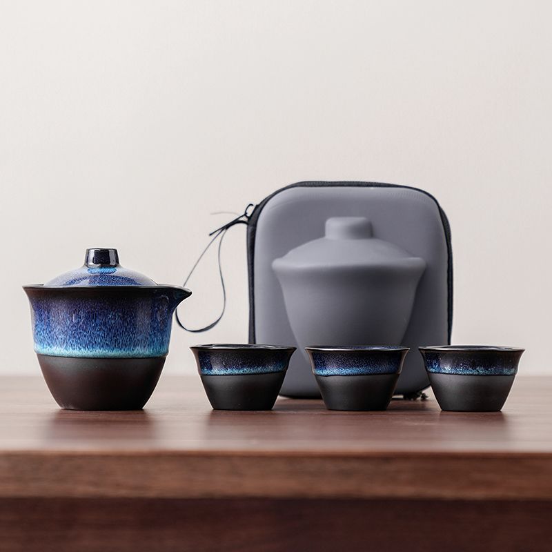 Tianmu Glaze Travel Tea Set, Blue Chinese Style Teaware, Ceramic Teapot and Teacup, Portable Outdoor Tea Set