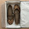 Sheepskin Version~ Niche Retro Round Head Ballet Shallow Mouth One-word Buckle Flat Bottom Leopard Print Single Shoes Women's Genuine Leather Mar