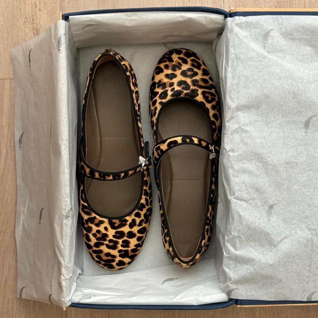 Sheepskin Version~ Niche Retro Round Head Ballet Shallow Mouth One-word Buckle Flat Bottom Leopard Print Single Shoes Women's Genuine Leather Mar