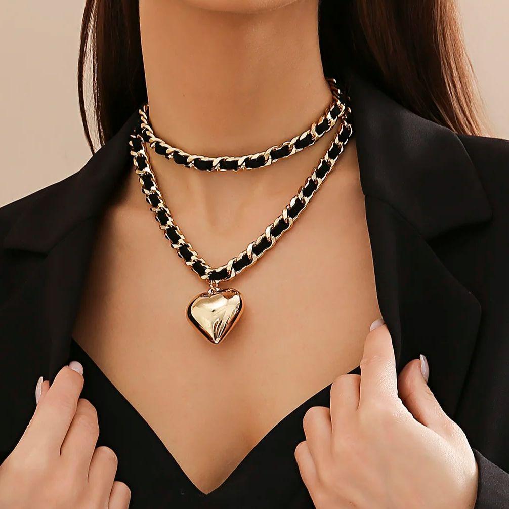 PuRui Trendy Kjærlighetshjerte Anheng Halskjede for Kvinner Lenkekjede Med PU-tau Sjarm Choker Zirkon På Halsen Damer Elegante Gaver