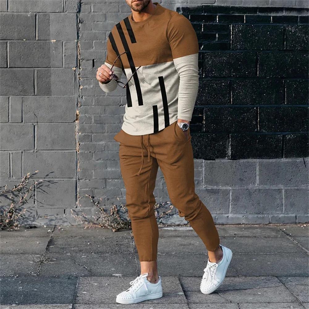 Jogging Sweatshirt Set Men's Color Contrast Stitching 3D Printing Fashion Casual Spring Autumn Sailor Collar Sweatshirt And Pant