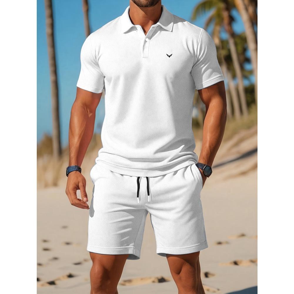 

Shorts Set Casual Summer Golf Attire with Geometric Print, Short Sleeve, Regular Fit, Polyester Blend, Beach & Leisure S