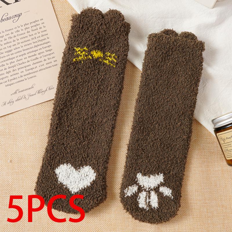 5 Pairs Autumn Winter Cartoon Cat Tube Socks Women Heart-shaped Coral Fleece Socks Cute Sweet Thick Soft Warm Home Sleep Sock