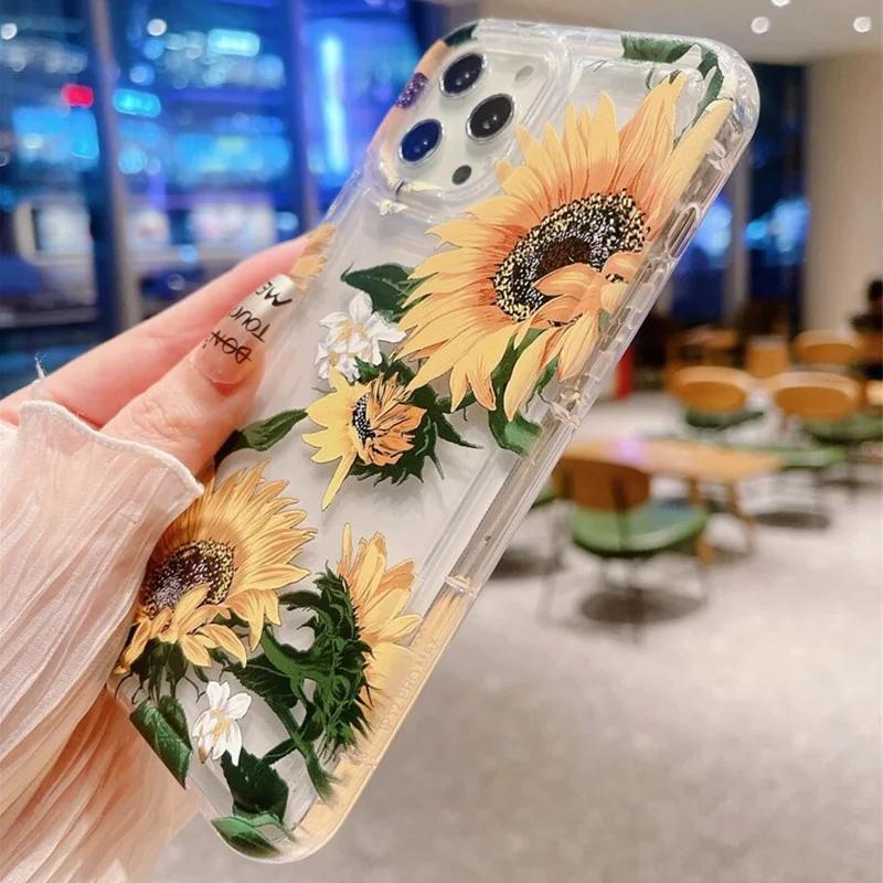 Floral Flower Sunflower Painted Clear Phone Case For iPhone 14 11 15 Pro Max 12 13 XR X XS SE  7 8 Plus Cases Airbag Cover