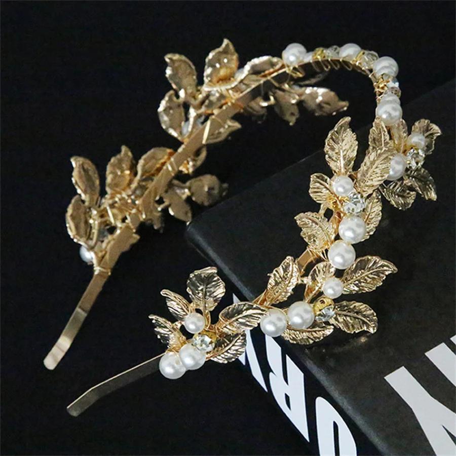 Fashionable crystal pearl alloy leaf headband for women romantic wedding elegant bride wedding photography hair accessories
