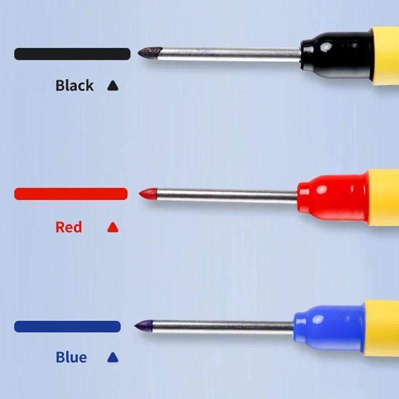 6pcs/Set 33mm Long Head Marking Pens Set - Red/Blue/Black Waterproof Woodworking Decoration Deep Hole Multipurpose Marking Tool