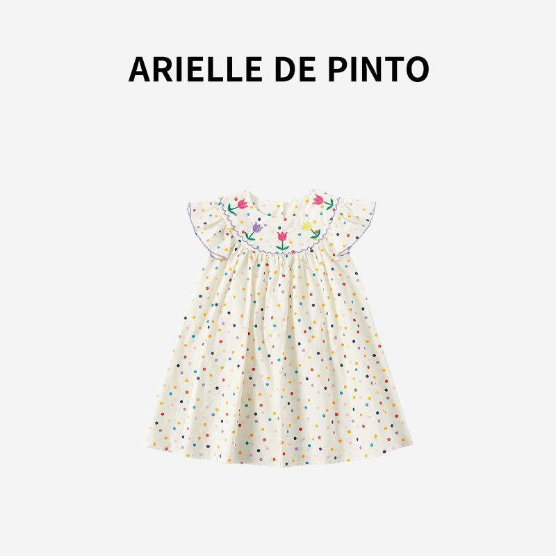 French Arielle De Pinto Girls  Dress, Summer Energetic and Sweet Floral Polka Dot Dress Apricot color 90