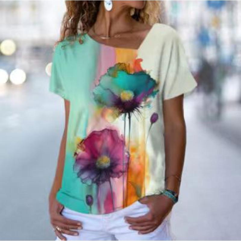 Women's Short Sleeved T-shirt with Slanted Neckline Pattern and Digital 3D Printed Women's T-shirts
