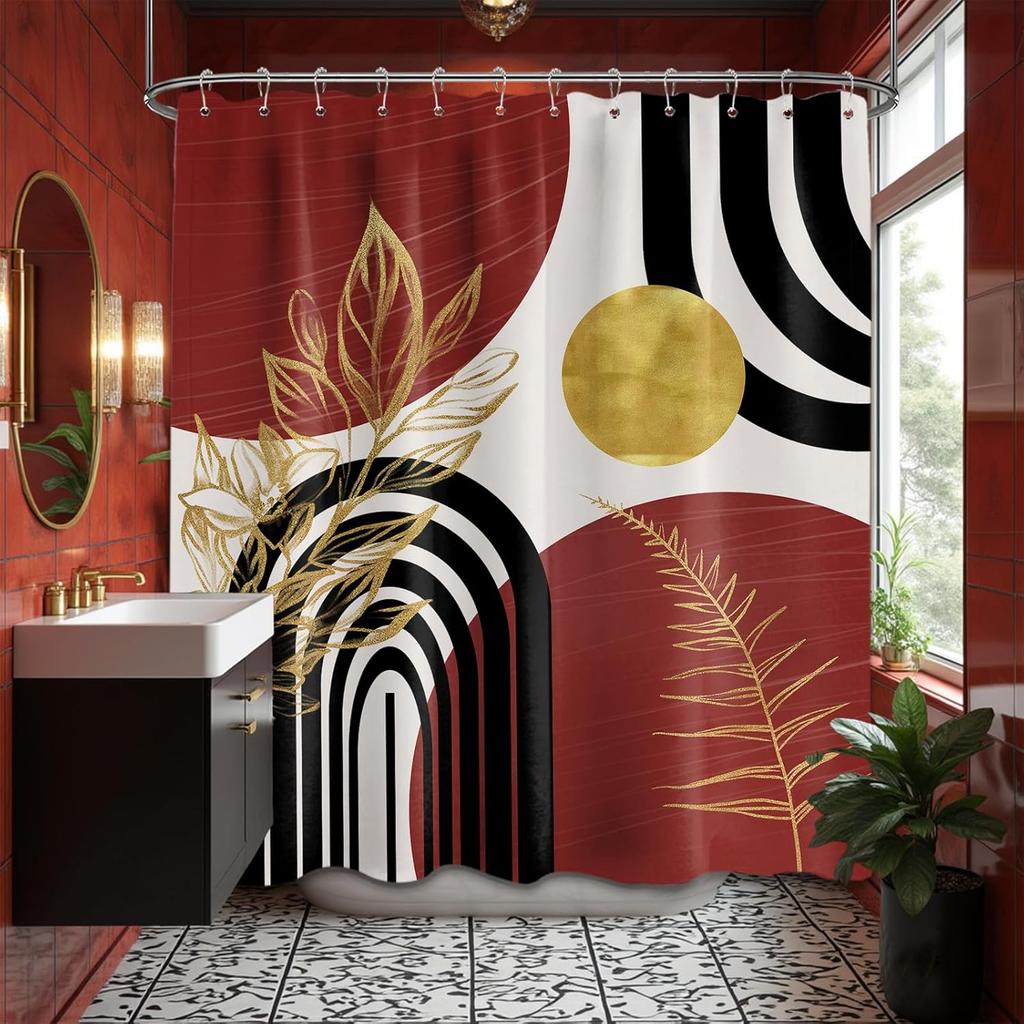 Mid-Century Moderní sprchový závěs Černobílý sprchový závěs do koupelny Dekorativní abstraktní sprchový závěs s háčky
