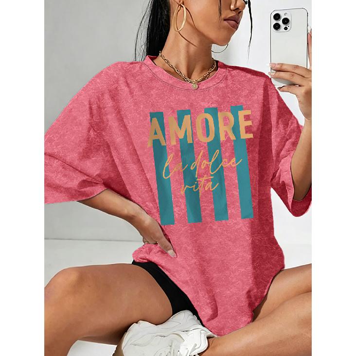 Summer New AMORE la dolce vita Letter-printed snowflake short-sleeve shirt T Shirt Top Round neck, light and breathable, suitable for spring, summer,