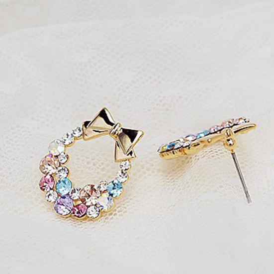 Women Multicolor Rhinestone Inlaid Bowknot Decor Stud Earrings Jewelry Gift