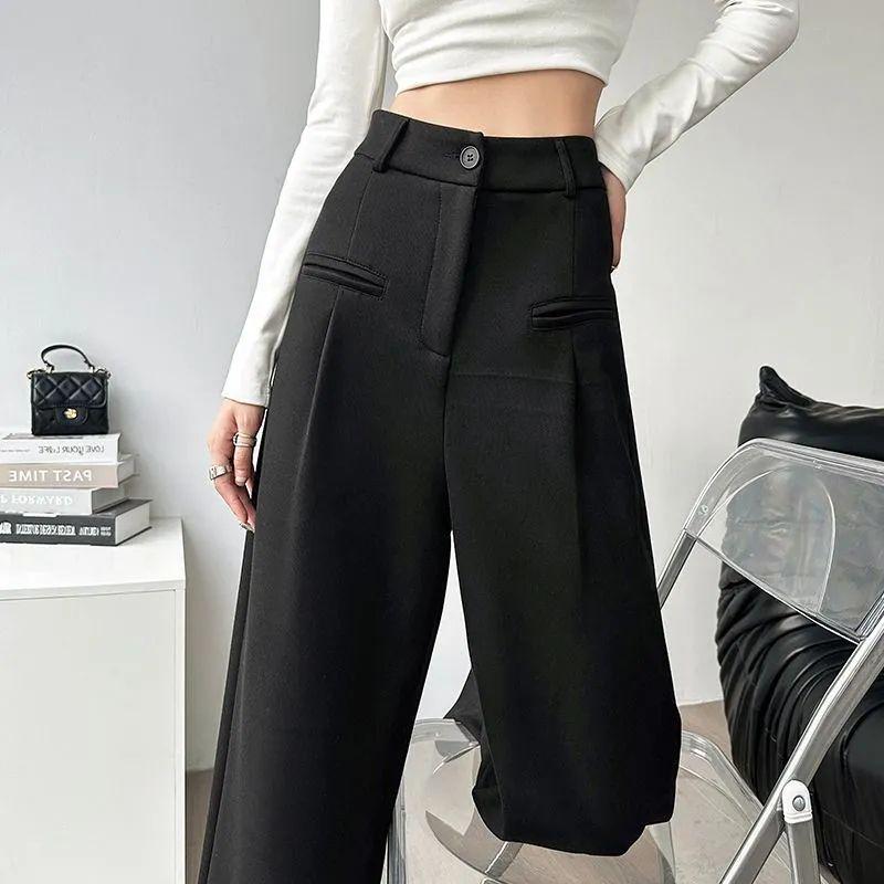 Gray High-Waisted Wide-Leg Pants for Petite, Loose Casual Commuter Style, Floor-Length for Spring/Autumn.