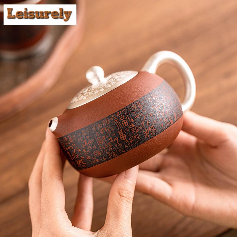 200ml Handmade 999 Gilded Silver Teapot Good Fortune Zhu Mud Zisha Xi Shi Pot Tea Maker Kettle Cha Accessories Collection Gifts