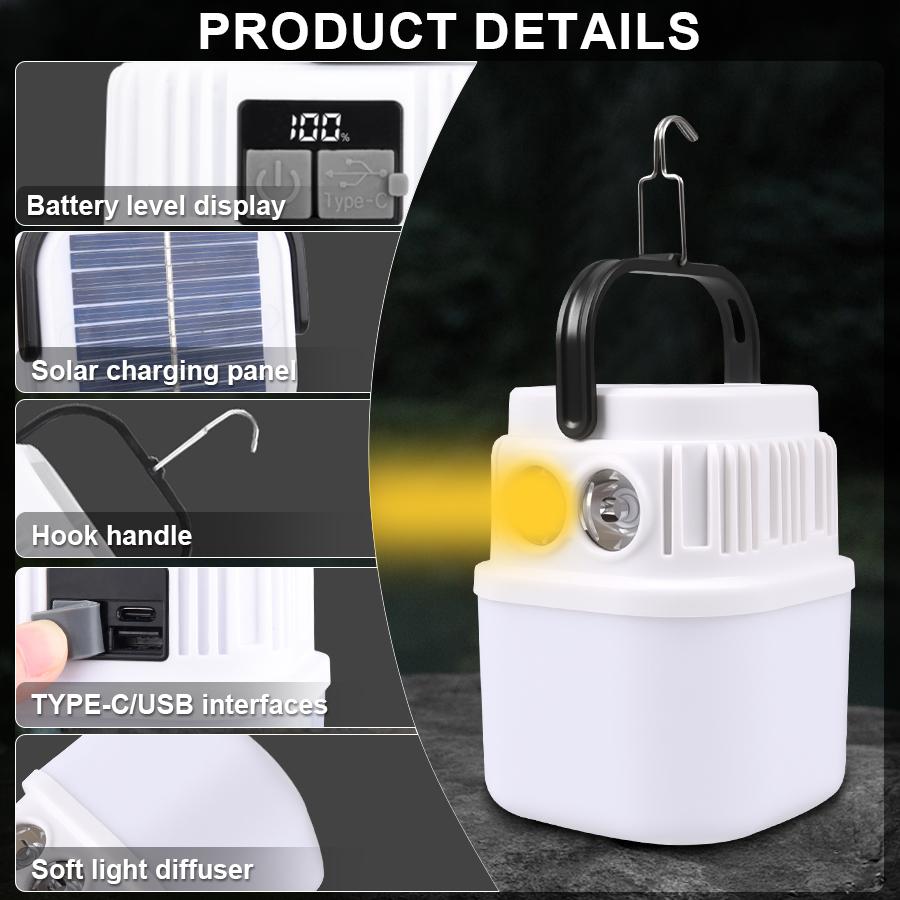 Solar LED Light Bulb USB Rechargeable Camping Light 1200mAh Portable Outdoor Searchlight Multiduty Hanging Lamp with Flashlight