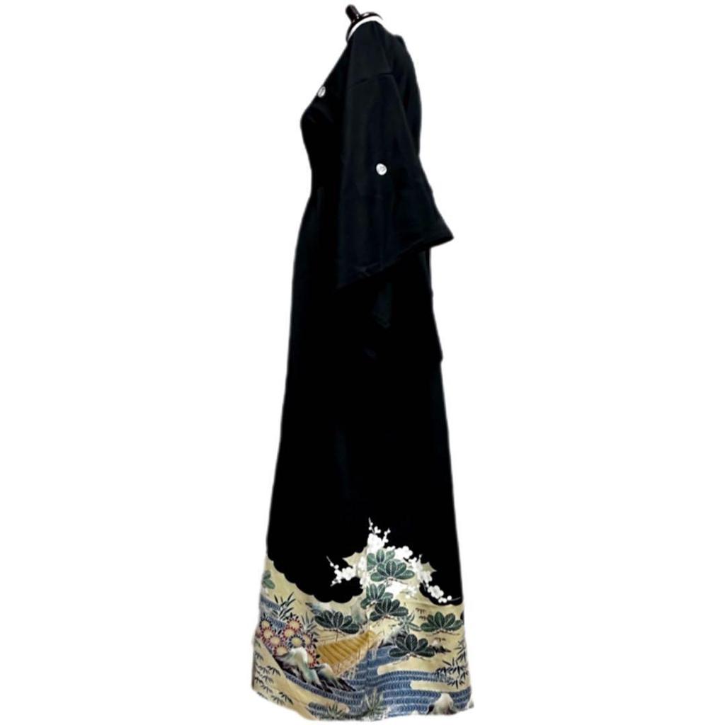 Used Tomesode Kimono Remake Dress, Kimono Sleeve Style, Japanese Pattern, One-piece Dress, Handmade, Houses and Flowers