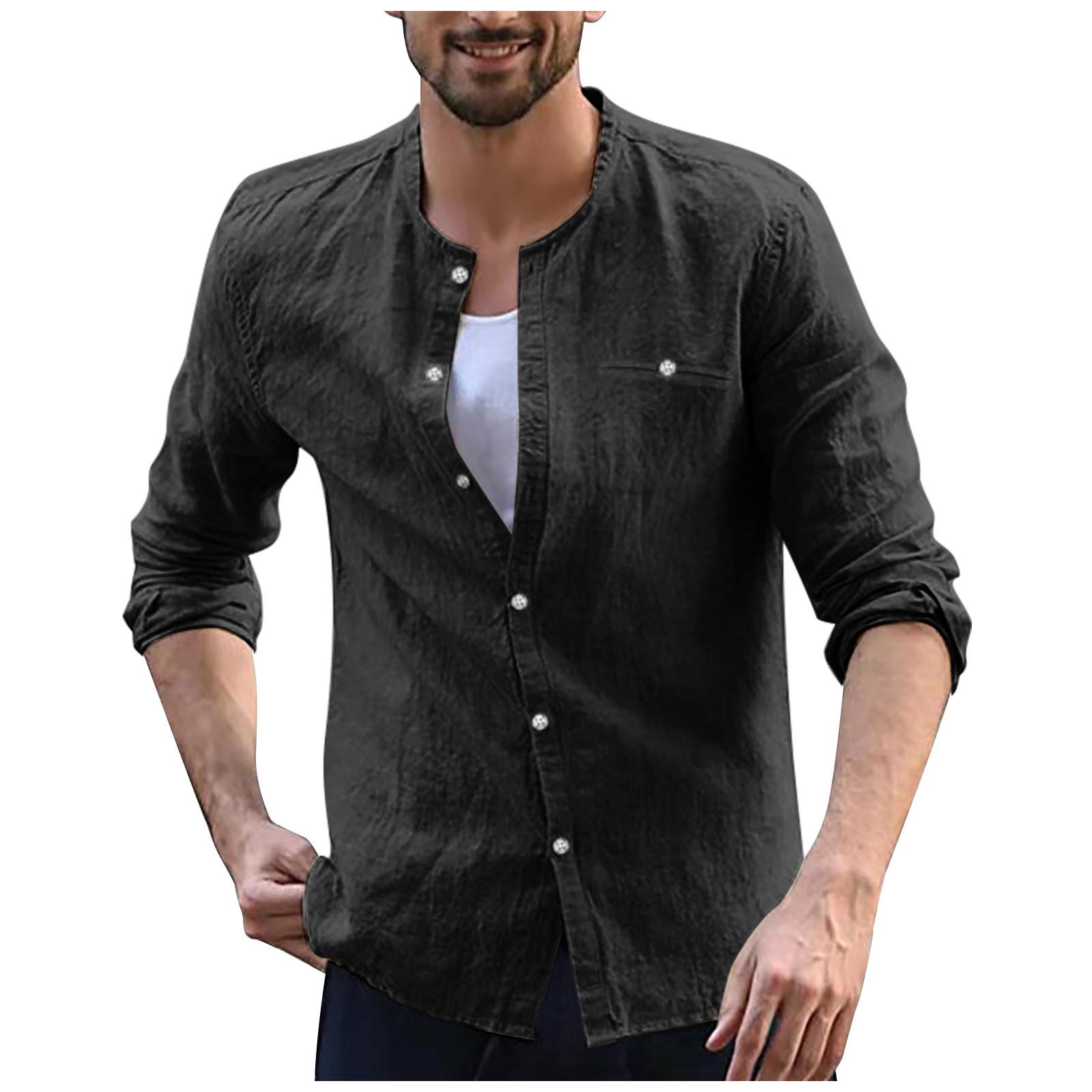 

(SU)Мужская модная повседневная однотонная льняная рубашка-кардиган с длинным рукавом