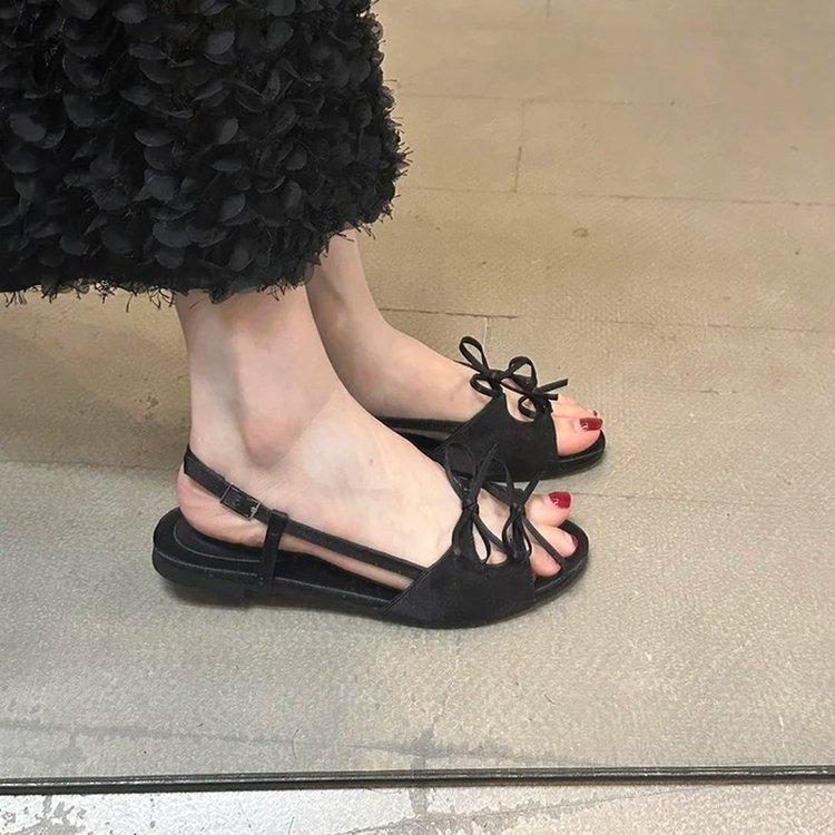 

2025 summer new satin bow open-toed flat-soled soft-soled sandals round head outer wear flat-heeled cool slippers 35