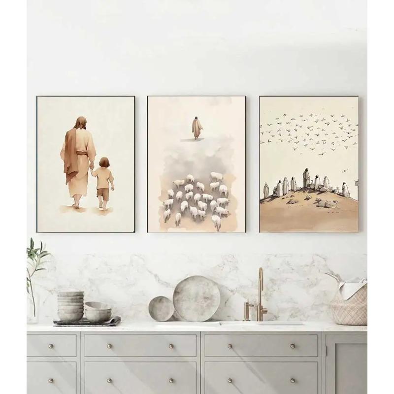 Sheep Kids Back Shadow Poster Print Canvas Printing Wall Art Picture for Living Room Nursery De Watercolor Christianity Jesus