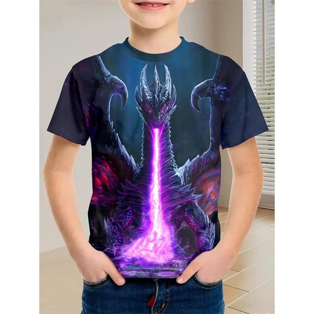 Boys' Summer Crew Neck Kids' Versatile Comfortable T-Shirt with Cool Dragon Pattern Short Sleeve Top