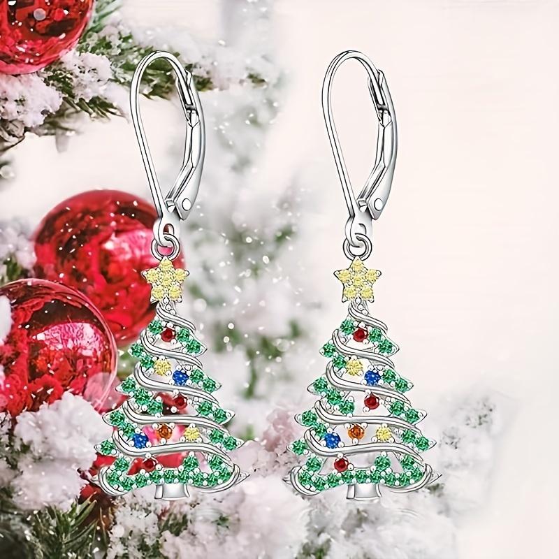 One Pair of Women's Fashion Dangle Earrings with Exquisite Synthetic Synthetic Zirconia Colorful Christmas Tree Pendant, Party Jewelry Gift for Ladies