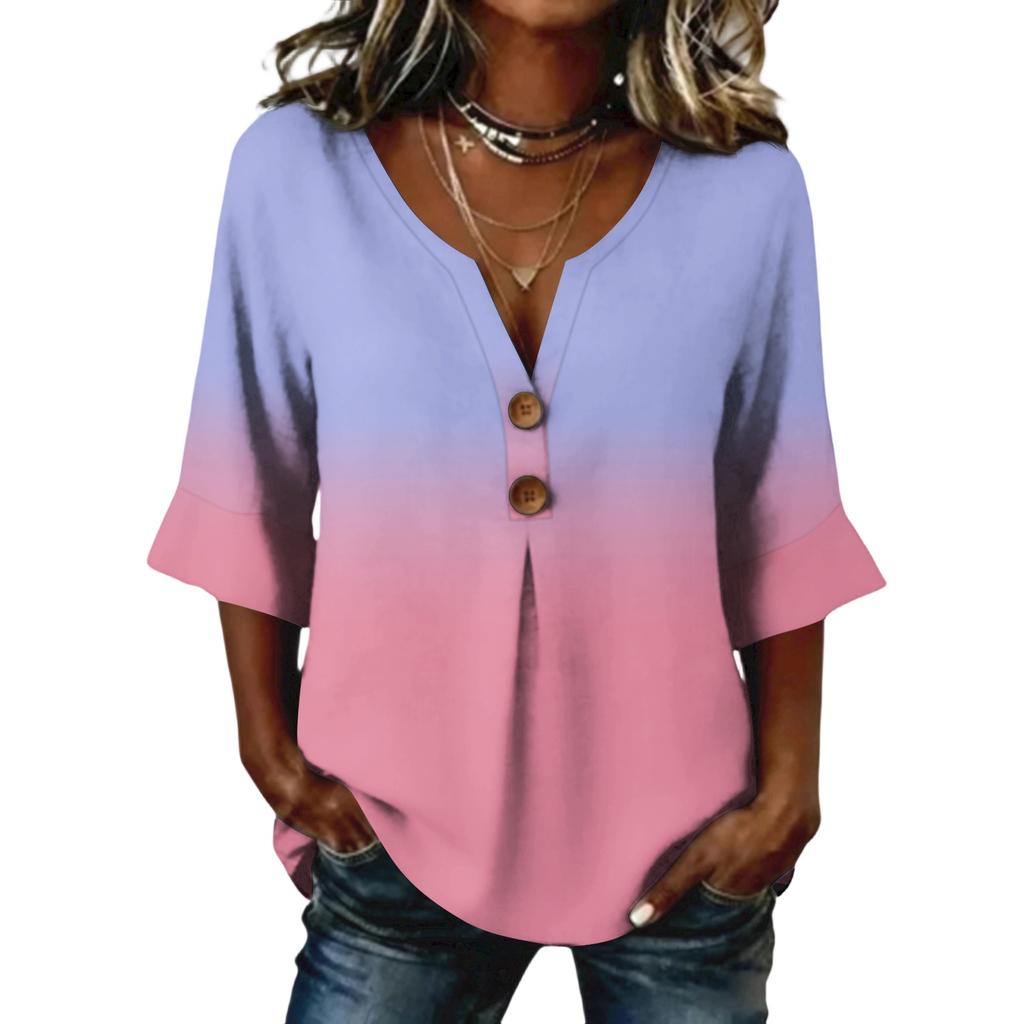 Ladies' gradient printed button casual V-neck fashionable seven quarter sleeve top