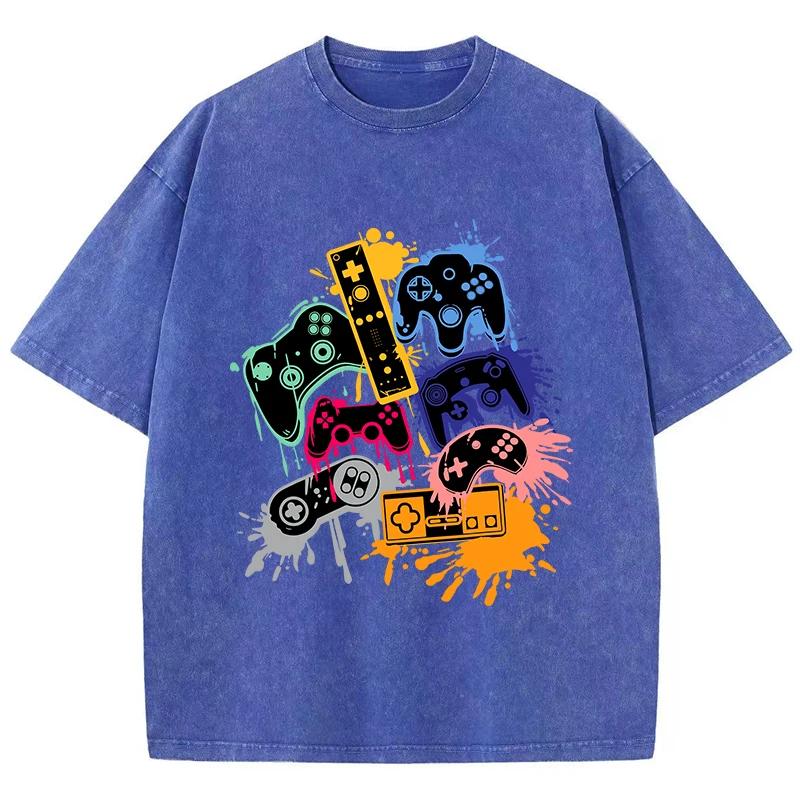 Game Console Graffiti Printing Washed TShirt Cotton T Shirts ONeck Comfortable Distressed Tops Summer Mans Clothes