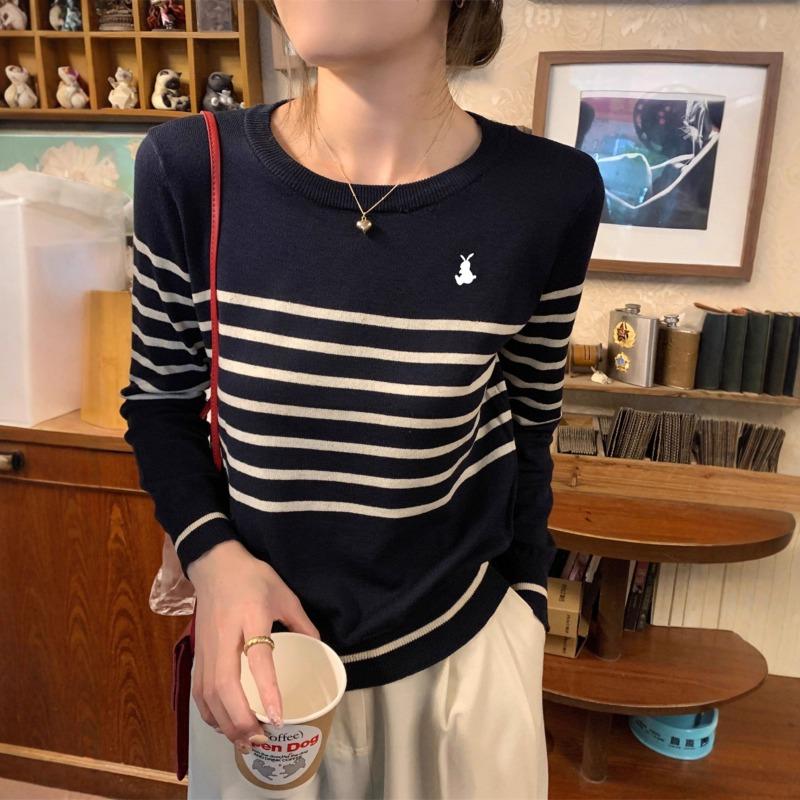 Chic Temperament Early Autumn Crew Neck Retro Striped Embroidered Inner Long-sleeved Knitted Bottoming Shirt Women's Top