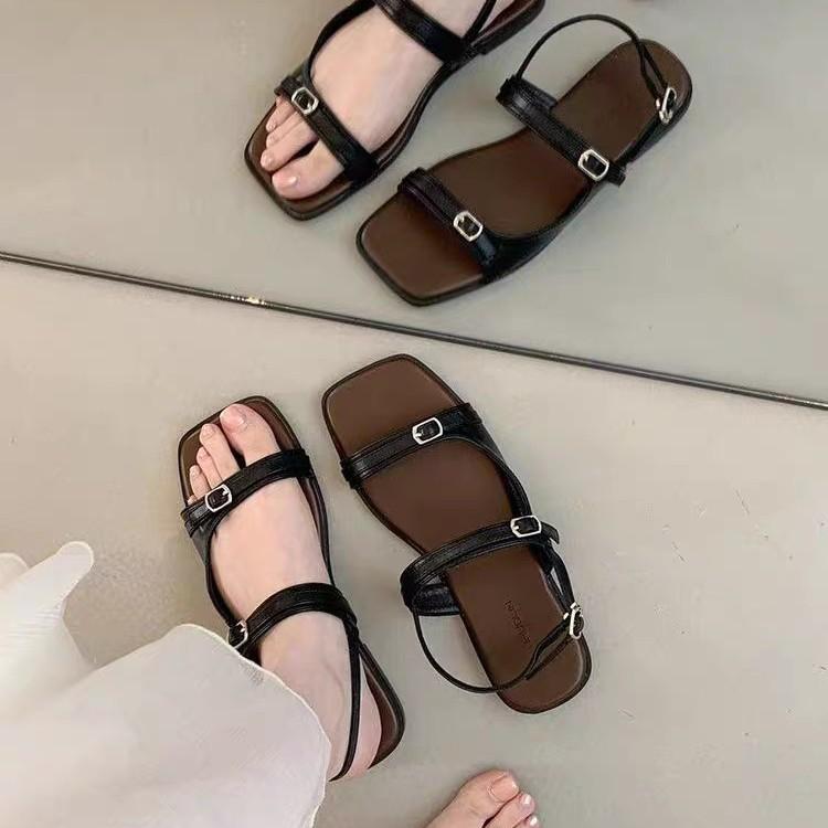 Leather sandals design sense one word temperament with Roman soft sole vacation seaside versatile shoes women's flat sandals French