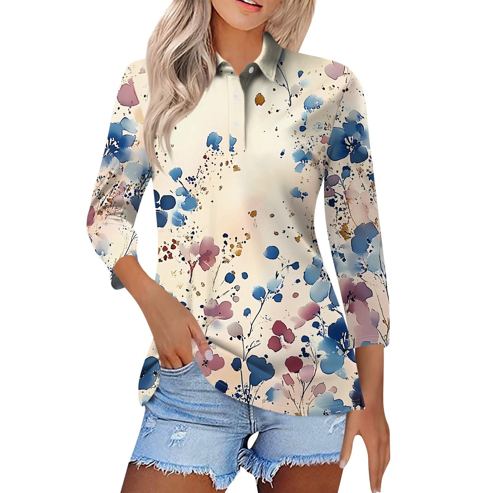 

Женская модная повседневная рубашка с короткими рукавами 3/4 с лацканами и принтом, женские топы на пуговицах M розовый