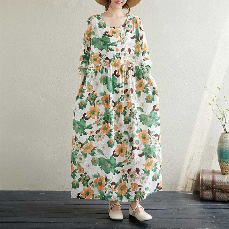 

Большого размера платье с длинным рукавом женское весенне-осеннее с принтом свободное и облегающее длинная юбка для мамы 3XL